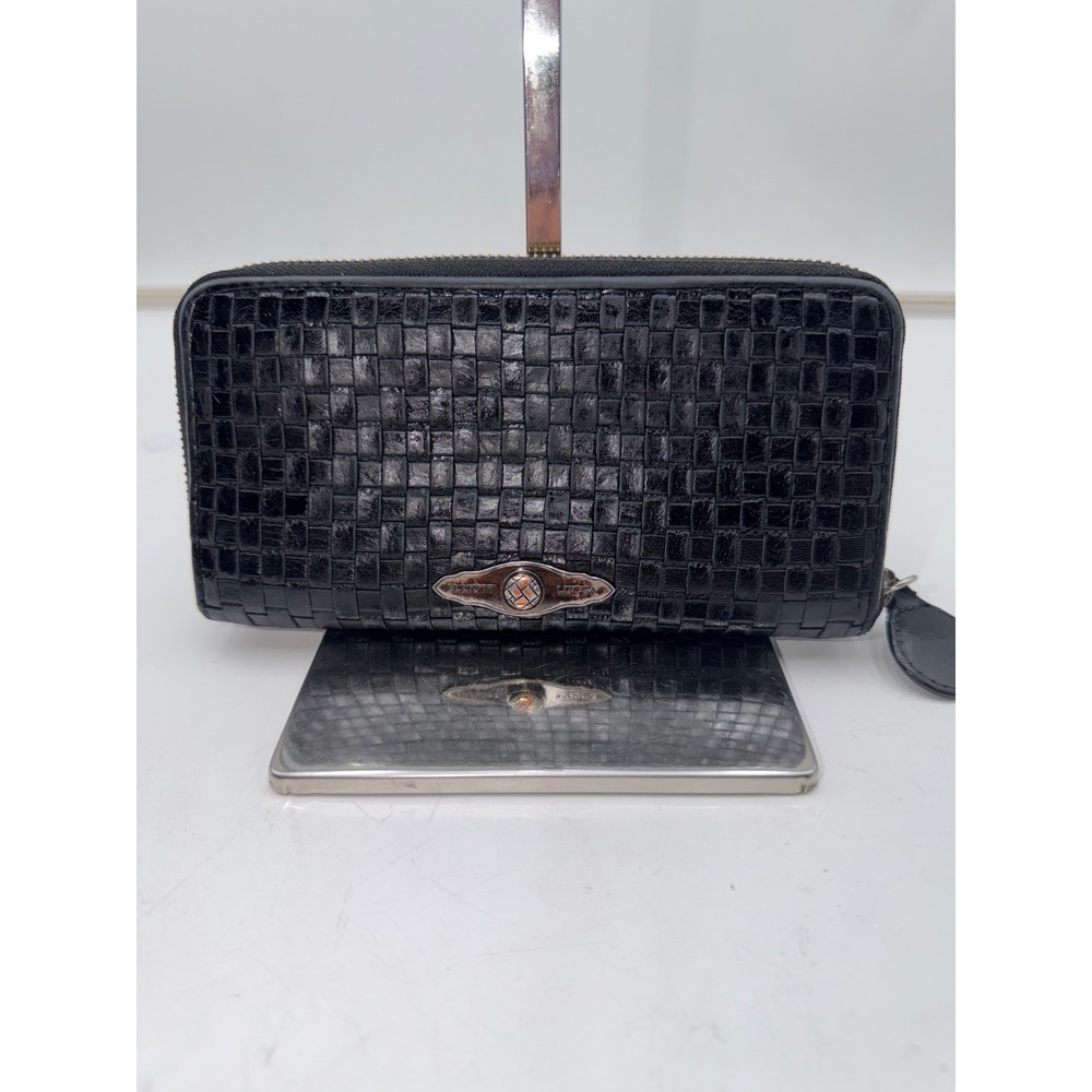 Elliott Lucca Black Woven Leather Zip Around Wallet with Exterior Pocket